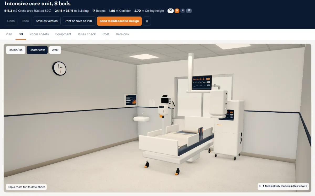 Room view of an ICU bed space with its pendant, monitor and ventilator