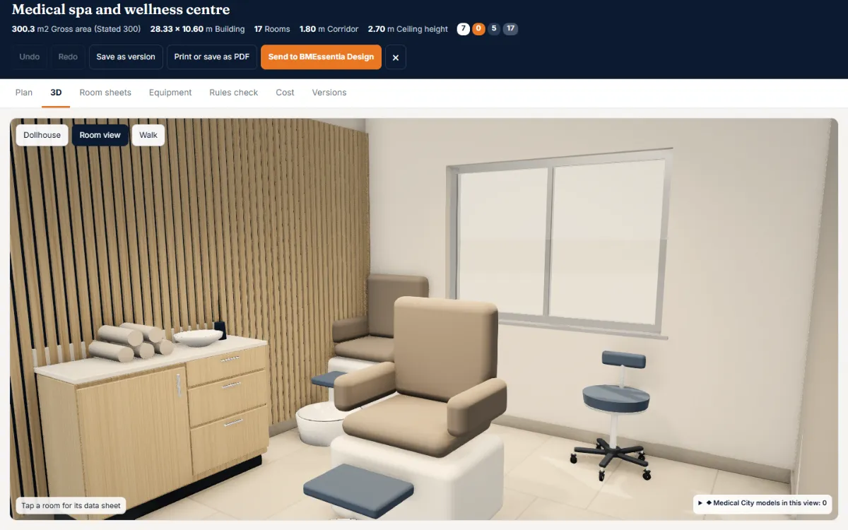 Room view inside a treatment room of the medical spa example